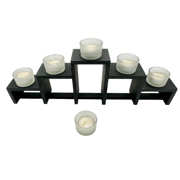 Order Home Collection 5 pc Tiered Wood Glass Votive Holder with Candles NIB - Picture 6 of 9